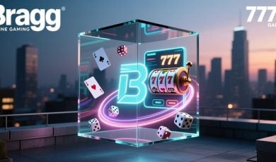 Cube with Online Casino Games From Bragg & 7777 Gaming with Cityscape Background