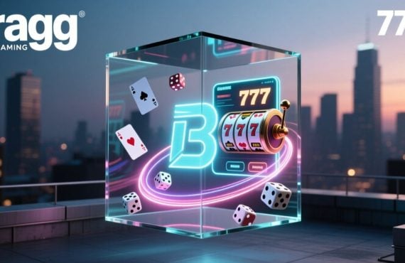 Cube with Online Casino Games From Bragg & 7777 Gaming with Cityscape Background