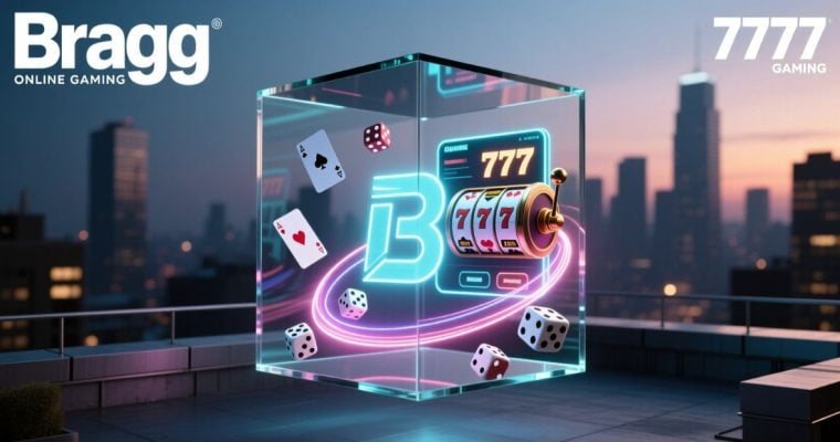 Cube with Online Casino Games From Bragg & 7777 Gaming with Cityscape Background