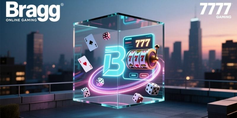 Cube with Online Casino Games From Bragg & 7777 Gaming with Cityscape Background