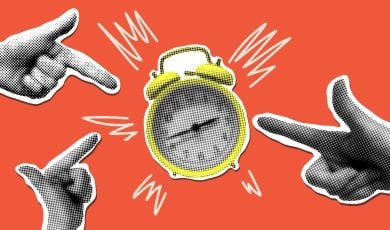 Buzzing Yellow Alarmclock with Three Hands Pointing