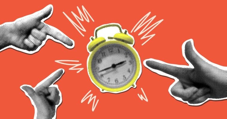 Buzzing Yellow Alarmclock with Three Hands Pointing