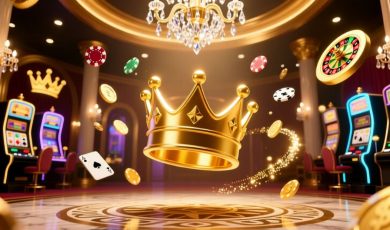 Casino Chips, Coins and Gold Crown Float Inside Casino