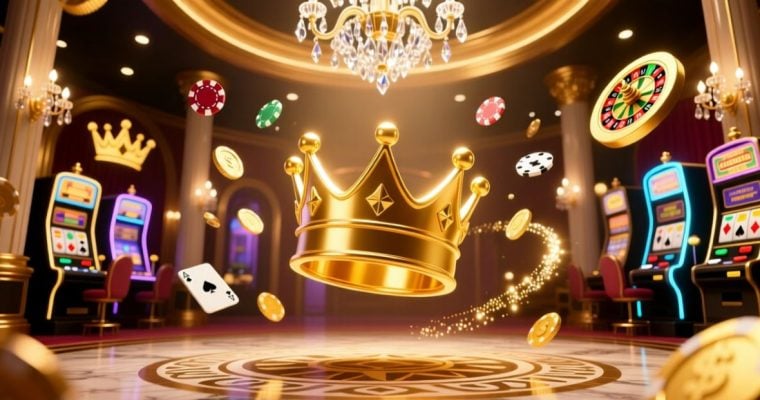 Casino Chips, Coins and Gold Crown Float Inside Casino