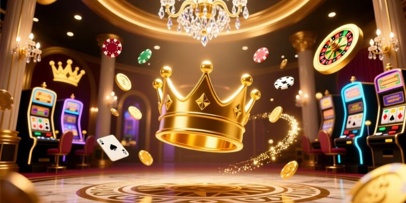 Casino Chips, Coins and Gold Crown Float Inside Casino