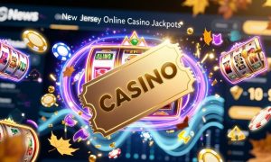 Online Slot Reel Shines Behind Gold Casino Ticket and Falling Leaves
