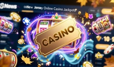 Online Slot Reel Shines Behind Gold Casino Ticket and Falling Leaves