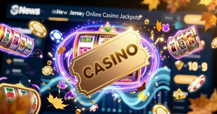 Online Slot Reel Shines Behind Gold Casino Ticket and Falling Leaves