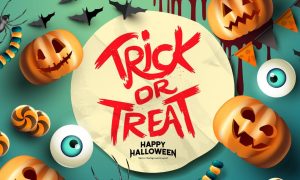 Halloween-themed Illustration with Jack-o-lanters and Trick or Treat