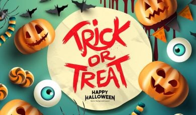 Halloween-themed Illustration with Jack-o-lanters and Trick or Treat