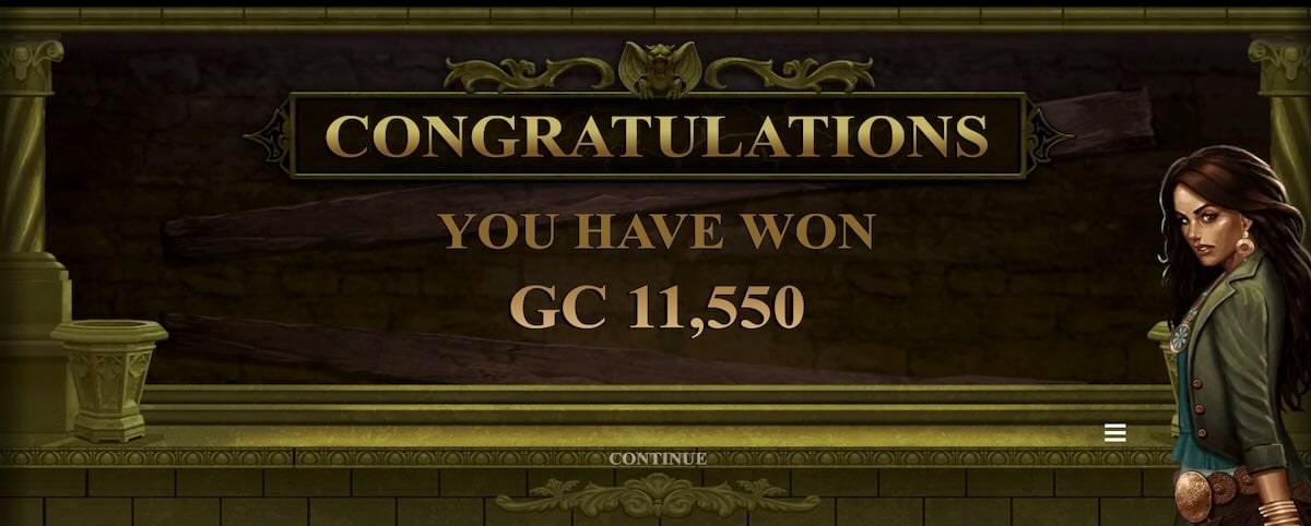 Immortal Romance slot winnings from the free spins round