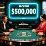 Neon Sign Reads $500,000 Jackpot with Men and Women Facing Off At Poker Table