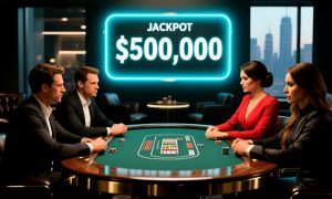 Neon Sign Reads $500,000 Jackpot with Men and Women Facing Off At Poker Table