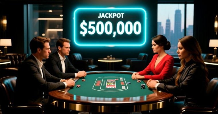 Neon Sign Reads $500,000 Jackpot with Men and Women Facing Off At Poker Table