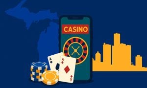 Michigan online casinos illustration with state silhouette, Detroit skyline, and a smartphone roulette wheel with chips and playing cards.