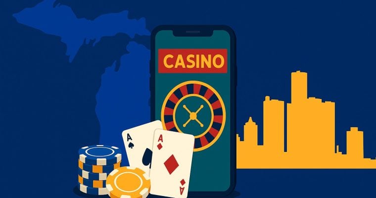 Michigan online casinos illustration with state silhouette, Detroit skyline, and a smartphone roulette wheel with chips and playing cards.