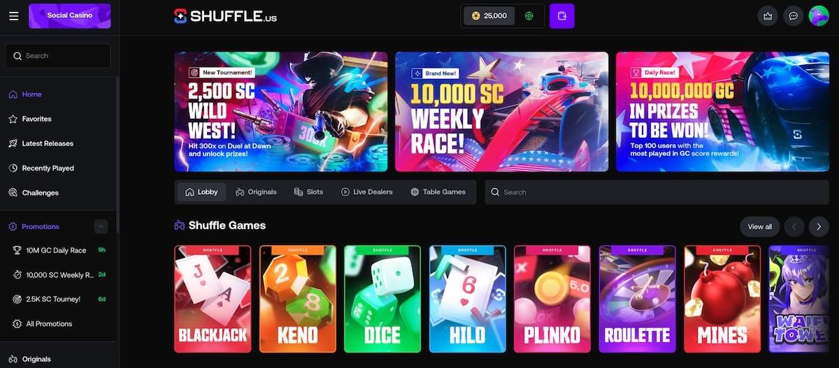 Shuffle.us Casino Homescreen
