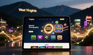 iPad Displays Online Casino Games with West Virginia Mountains Background