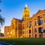 Sunset view of the beautiful Wyoming State capitol building at Wyoming