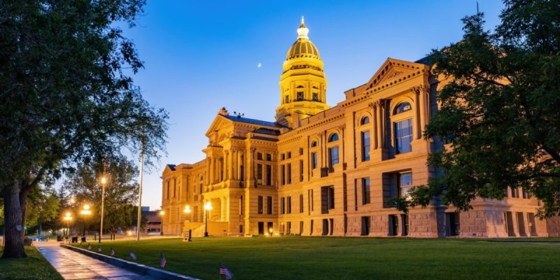 Sunset view of the beautiful Wyoming State capitol building at Wyoming