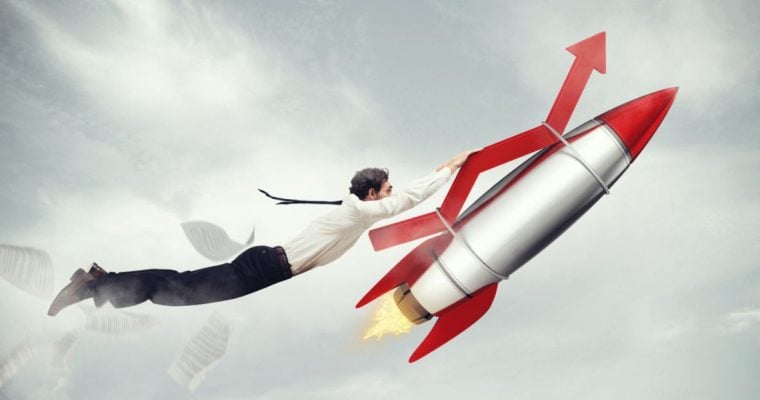 Red Financial Arrow Attached to Rocket Soars With Man Hanging On