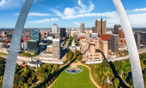 Aerial View of Front of the Gateway Arch Park. in St. Louis, Missouri