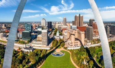 Aerial View of Front of the Gateway Arch Park. in St. Louis, Missouri