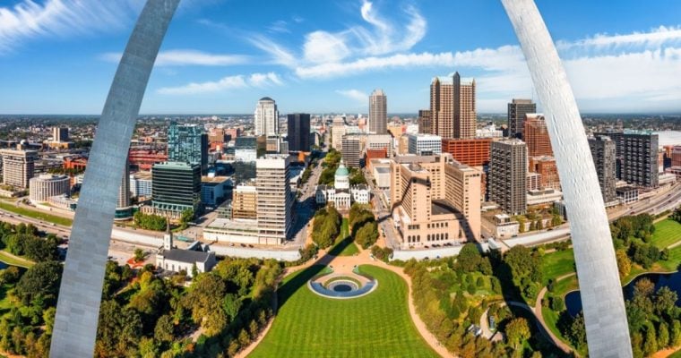 Aerial View of Front of the Gateway Arch Park. in St. Louis, Missouri