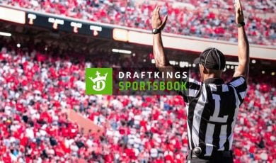 DraftKings Sportsbook Logo Over Image of Filled American Football Stadium with Referee Signaling Touchdown