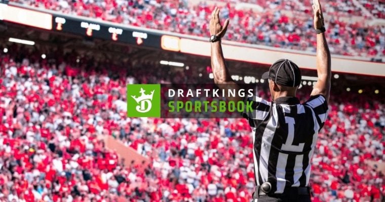 DraftKings Sportsbook Logo Over Image of Filled American Football Stadium with Referee Signaling Touchdown
