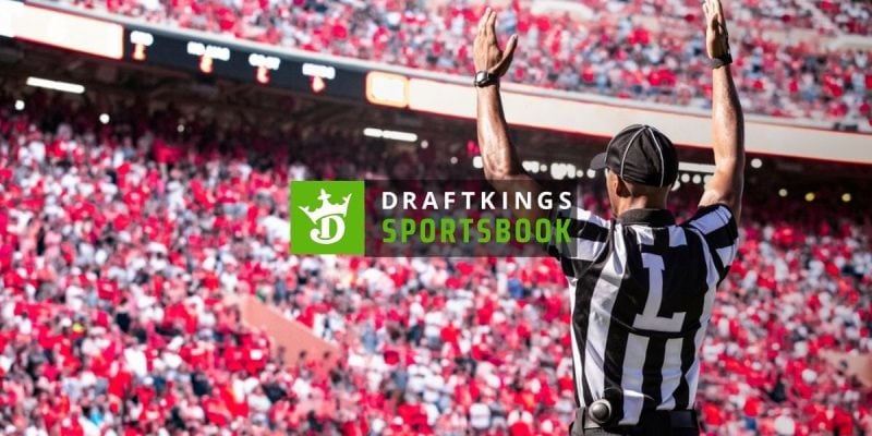 DraftKings Sportsbook Logo Over Image of Filled American Football Stadium with Referee Signaling Touchdown