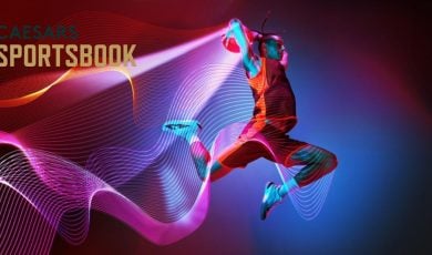 Jumping Basketball Player in Red with Caesars Sportsbook Logo