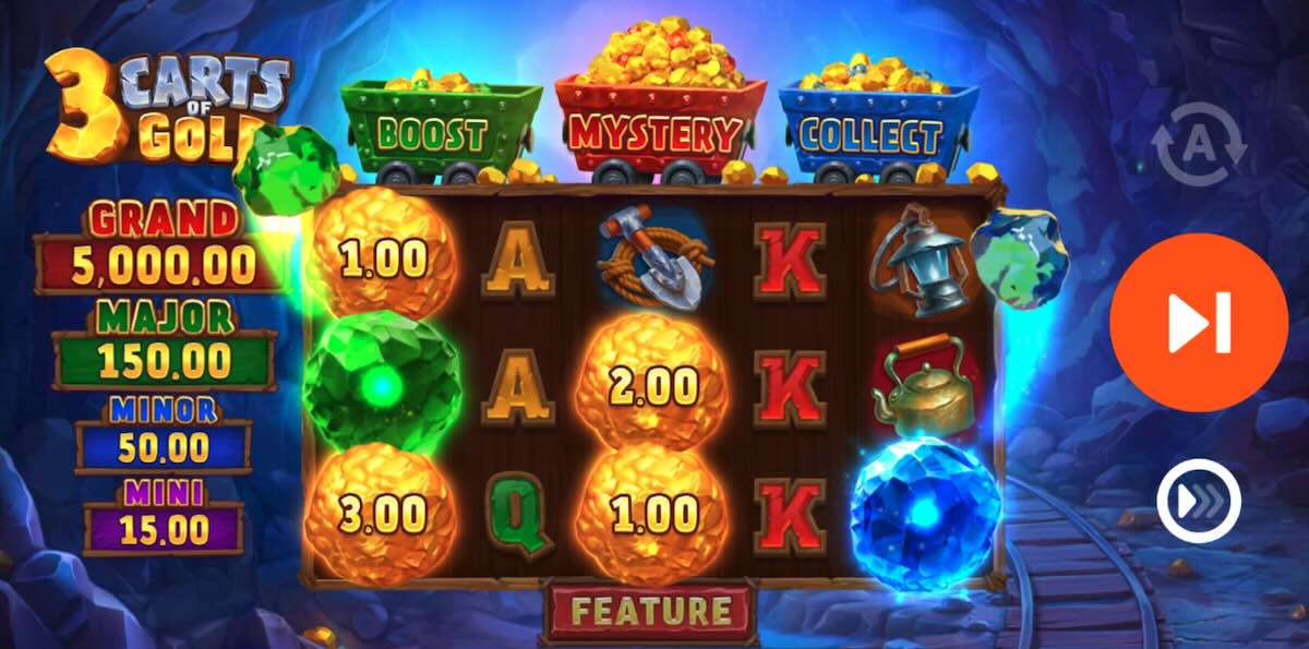 3 carts of gold with a green boost on the reels