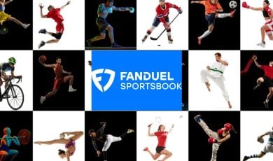 Various Sports Represented in Black/White Squares with FanDuel Logo