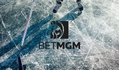 BetMGM Logo Over Image of Scratched Ice Hockey Rink with Hockey Player