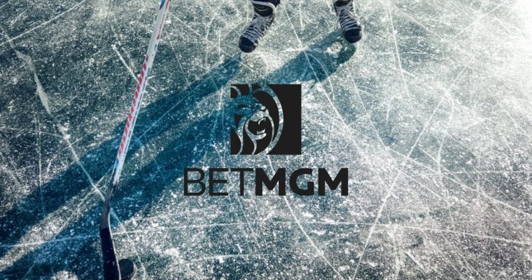 BetMGM Logo Over Image of Scratched Ice Hockey Rink with Hockey Player