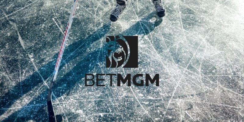 BetMGM Logo Over Image of Scratched Ice Hockey Rink with Hockey Player