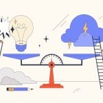 Vector Image of Two People Weighing Lightbulb and Storm Cloud On Scale