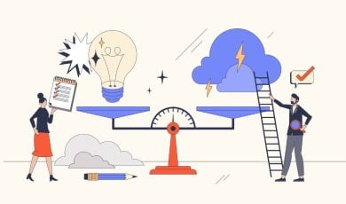 Vector Image of Two People Weighing Lightbulb and Storm Cloud On Scale