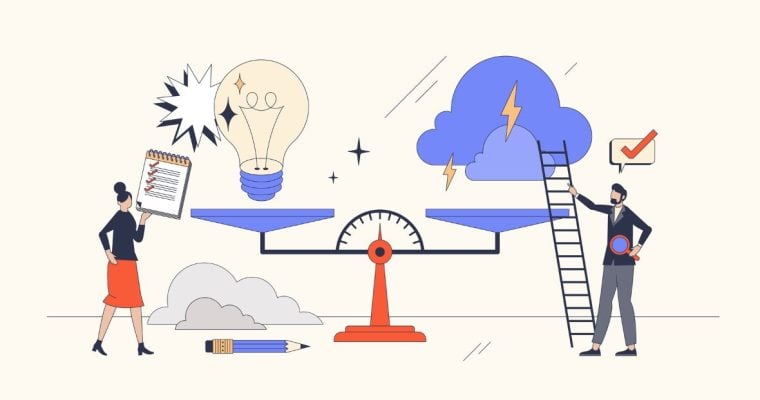 Vector Image of Two People Weighing Lightbulb and Storm Cloud On Scale