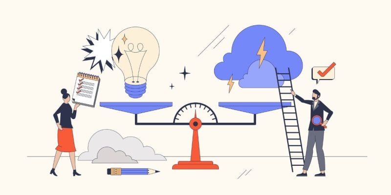 Vector Image of Two People Weighing Lightbulb and Storm Cloud On Scale