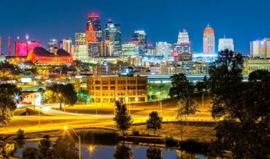 View from Penn Valley Park of Kansas City, Missouri Nighttime Skyline