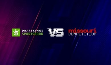 Pink-to-Blue Gradient Background with DraftKings Logo and VS Missouri Competition Text