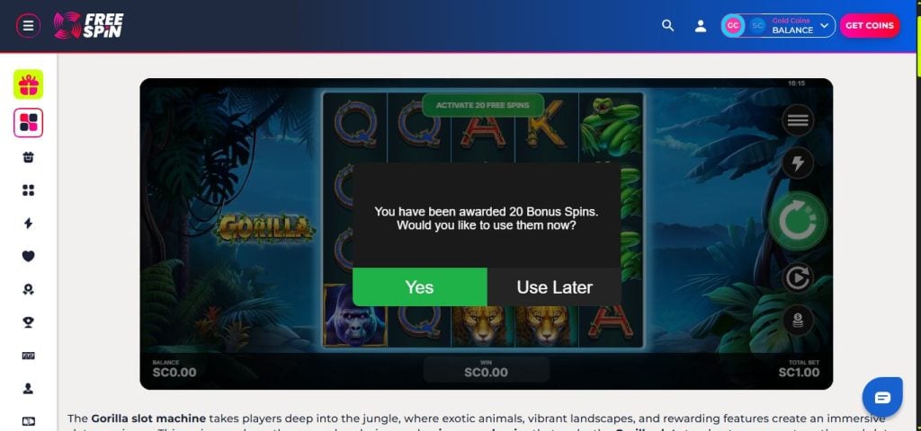 FreeSpin Gorilla sign up bonus