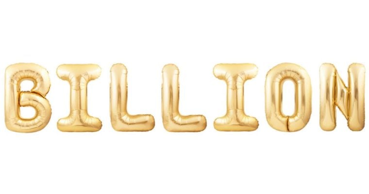 Individual Mylar Balloons in Gold Spell Out Billions
