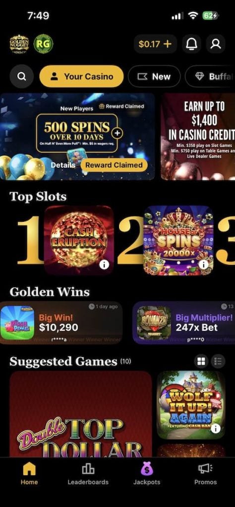 Golde Nugget hompage on mobile