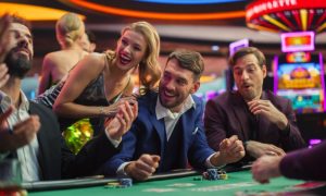 In Casino, Glamorous Players Place Bets, Reveal Cards, Player Triumphs