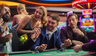 In Casino, Glamorous Players Place Bets, Reveal Cards, Player Triumphs