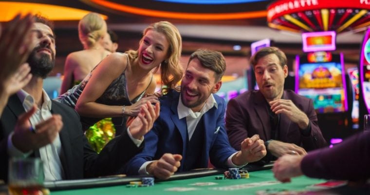 In Casino, Glamorous Players Place Bets, Reveal Cards, Player Triumphs