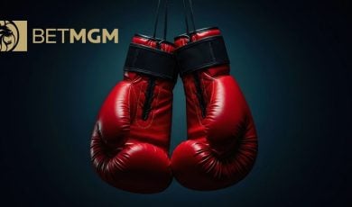 BetMGM Logo Over Image of A Pair of Hanging Red Boxing Gloves
